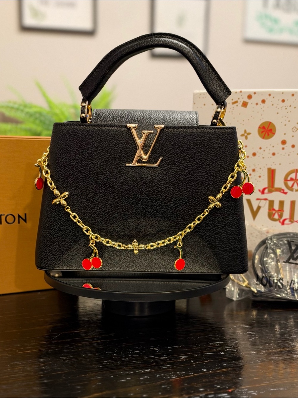 Louis Vuitton Black Top Handle Satchel with Gold Cherry Chain